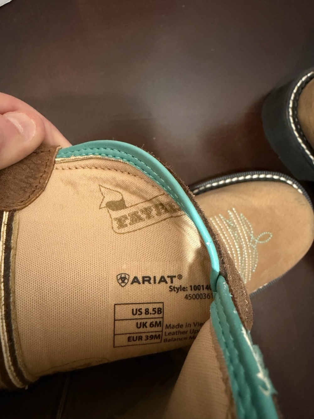 Ariat Tan and Brown Ladies Fat Baby Western Boots with Teal Stitching - Picture 2 of 7